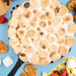 overhead of smores dip in a cast iron skillet