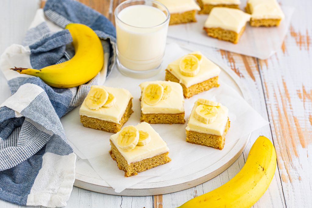 banana blondies on a tray