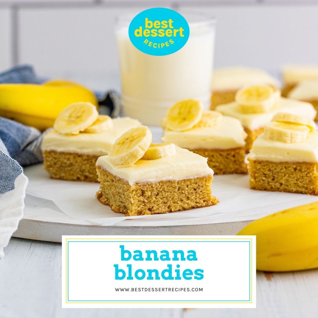banana blondies with text overlay for facebook