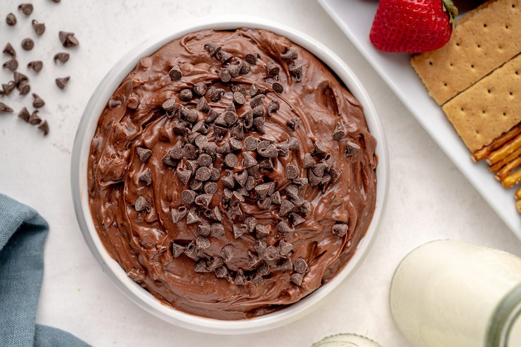 overhead of brownie batter dip with chocolate chips 