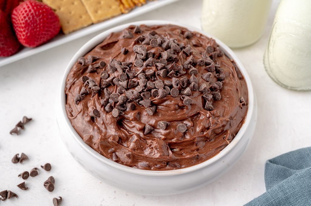 angle of brownie batter dip with mini chocolate chips 