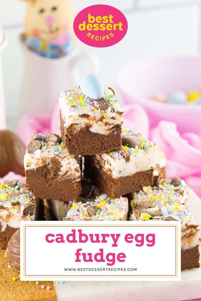 stack of cadbury egg fudge with text overlay