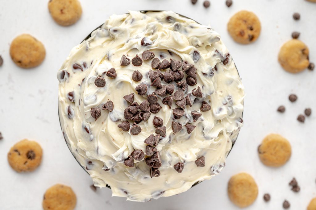 overhead of cream cheese cookie dough dip in a serving bowl