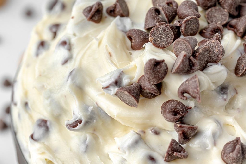close up of mini chocolate chips in cookie dough dip