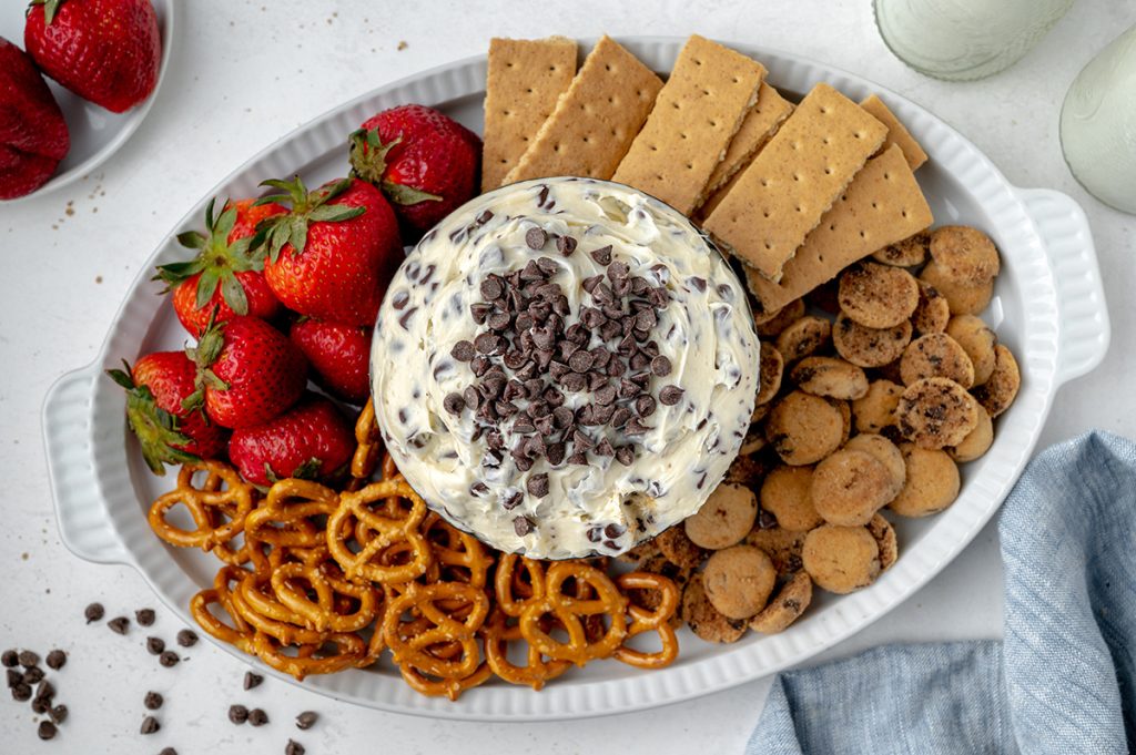 overhead of cookie dough dip recipe with dipping options