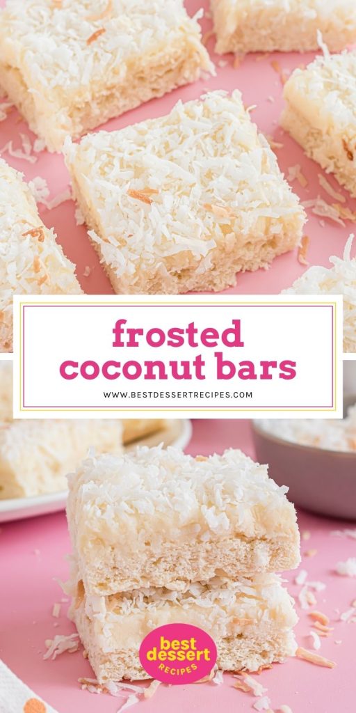 collage of frosted coconut bars on pink background