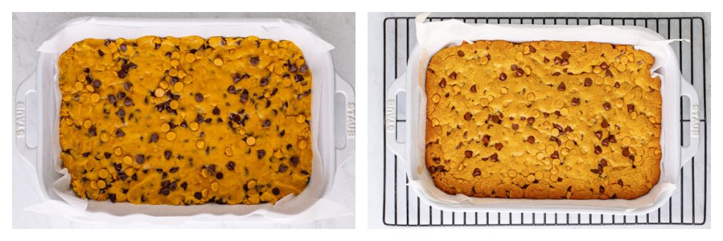 cookie dough pressed into a 9x13 pan raw and baked