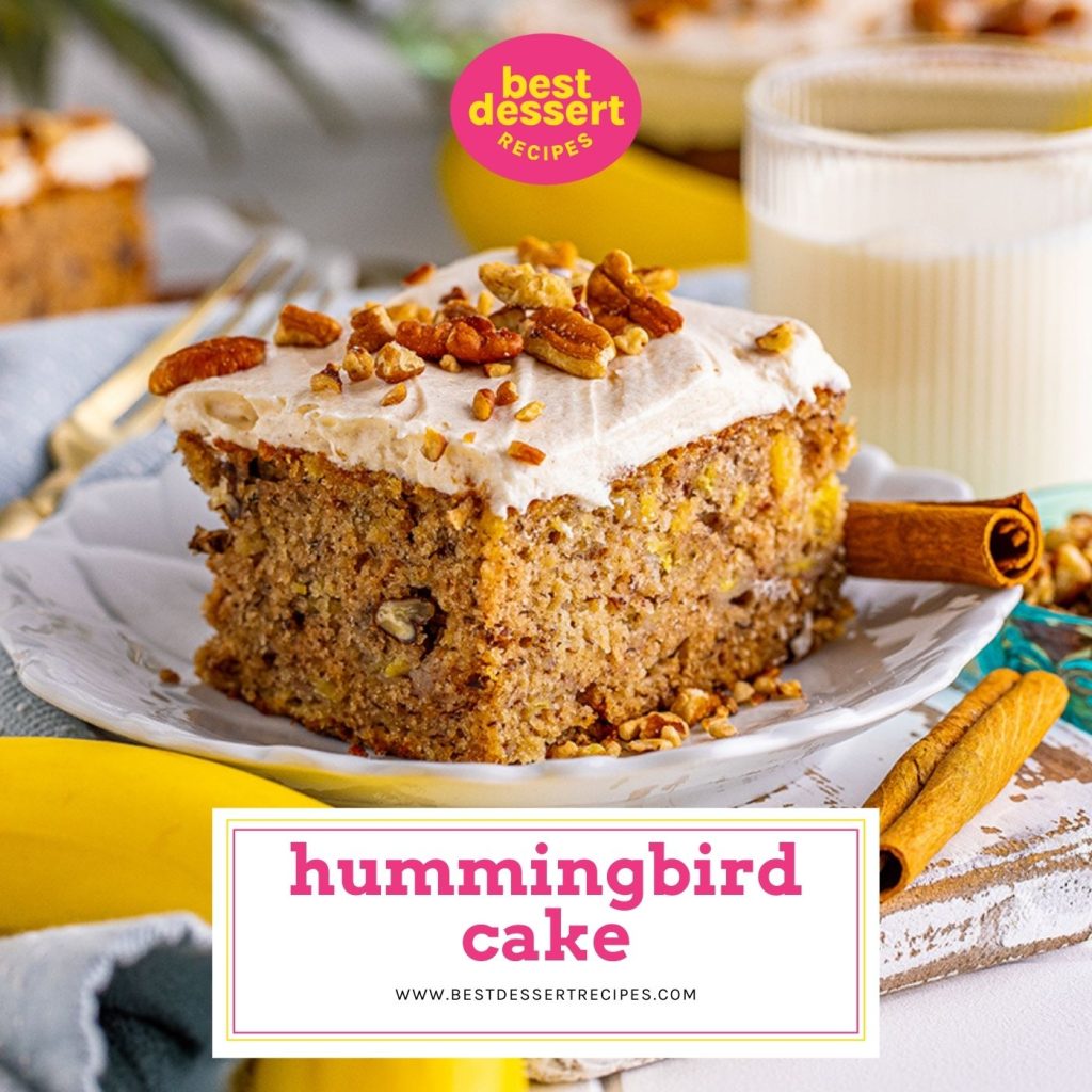 close up of hummingbird cake on a plate with text overlay for facebook