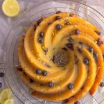 lemon blueberry cake from above with glaze