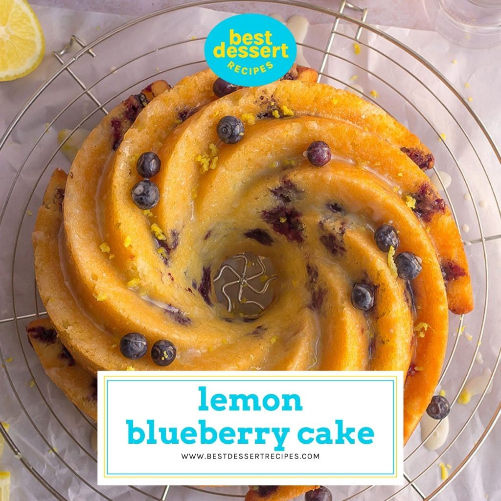 overhead shot of lemon blueberry bundt cake with text overlay for facebook
