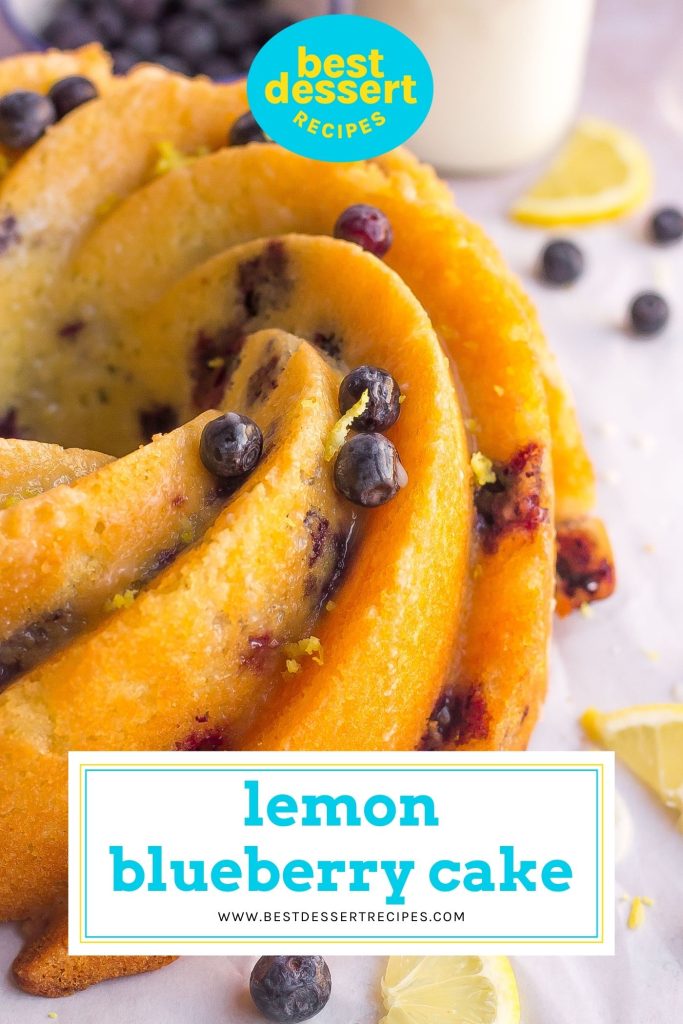 side shot of lemon blueberry bundt cake for pinterest