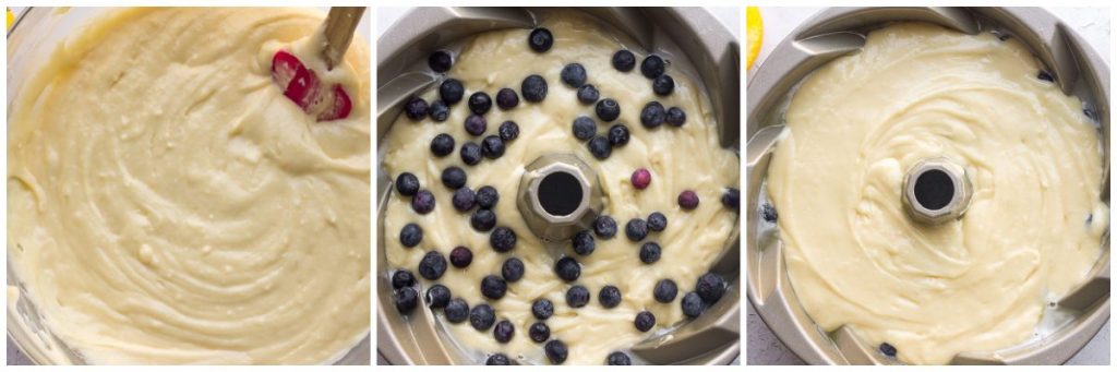 collage of lemon blueberry cake process shots 2