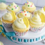 overhead shot of lemon cupcakes on a stand