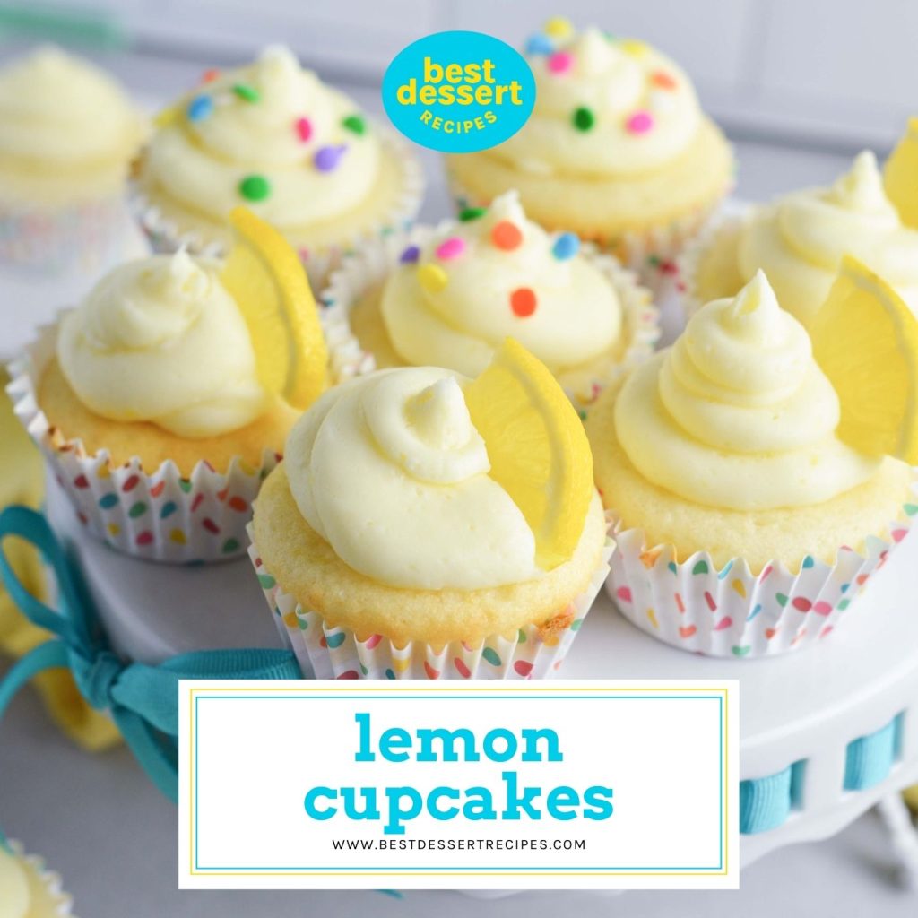 lemon cupcakes on a stand with text overlay for facebook