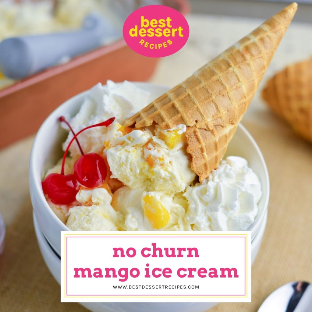mango ice cream on a cone in a bowl with text overlay for facebook