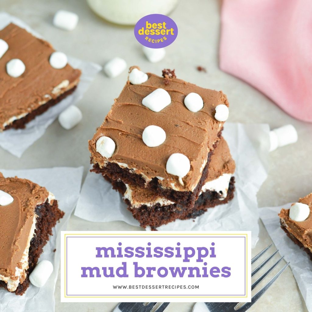 stack of mississippi mud brownies with text overlay for facebook