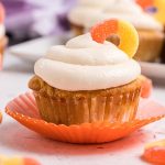 close up of unwrapped peach cobbler cupcake