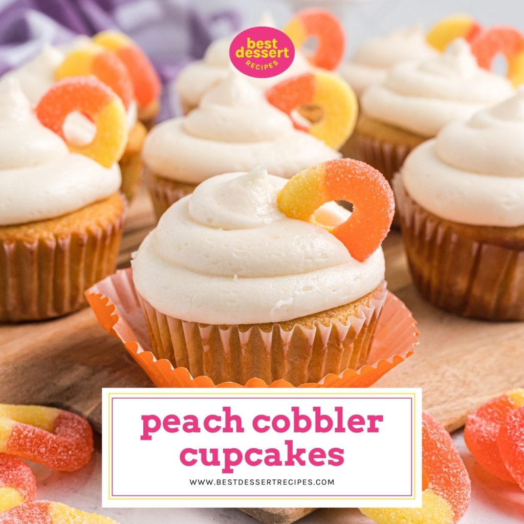 peach cobbler cupcakes with text overlay for facebook