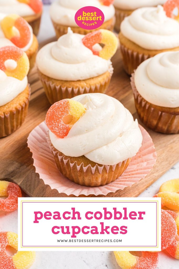unwrapped peach cobbler cupcake with text overlay for pinterest