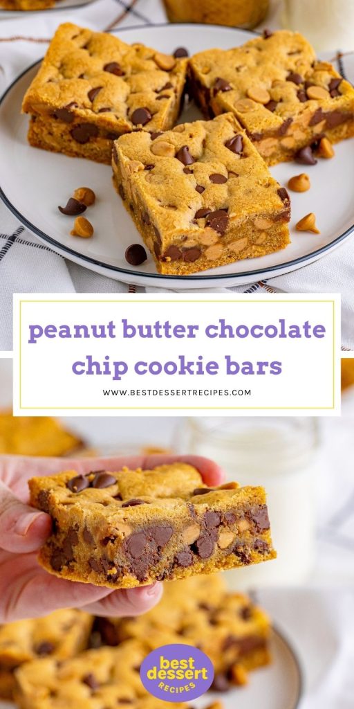 two images of peanut butter chocolate chip bars for pinterest