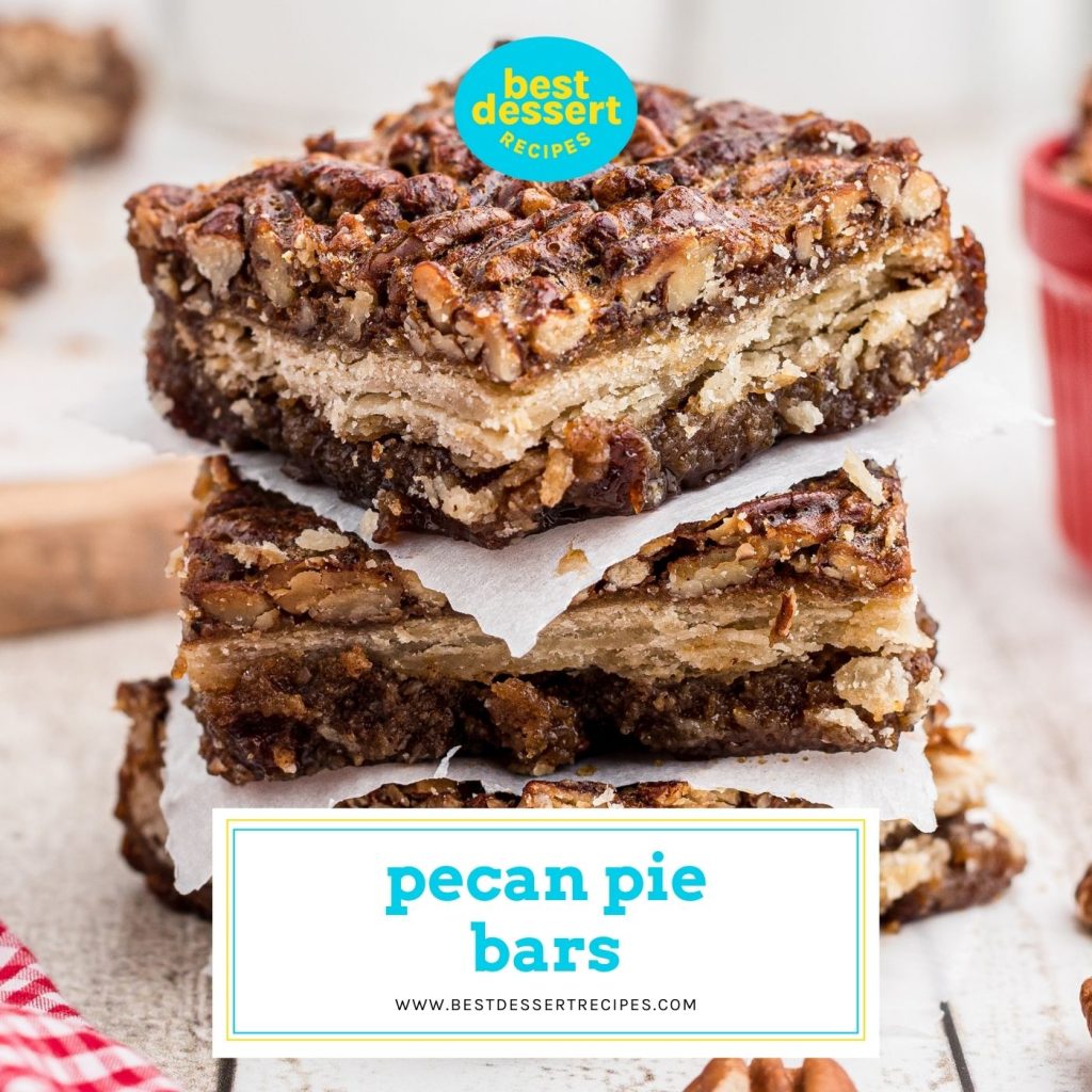stack of pecan pie bars with text overlay for facebook