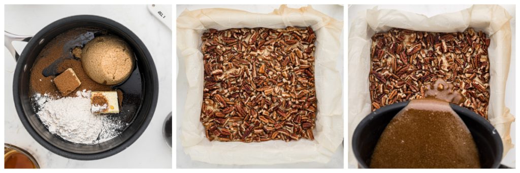collage of hoe to make filling for pecan pie bars