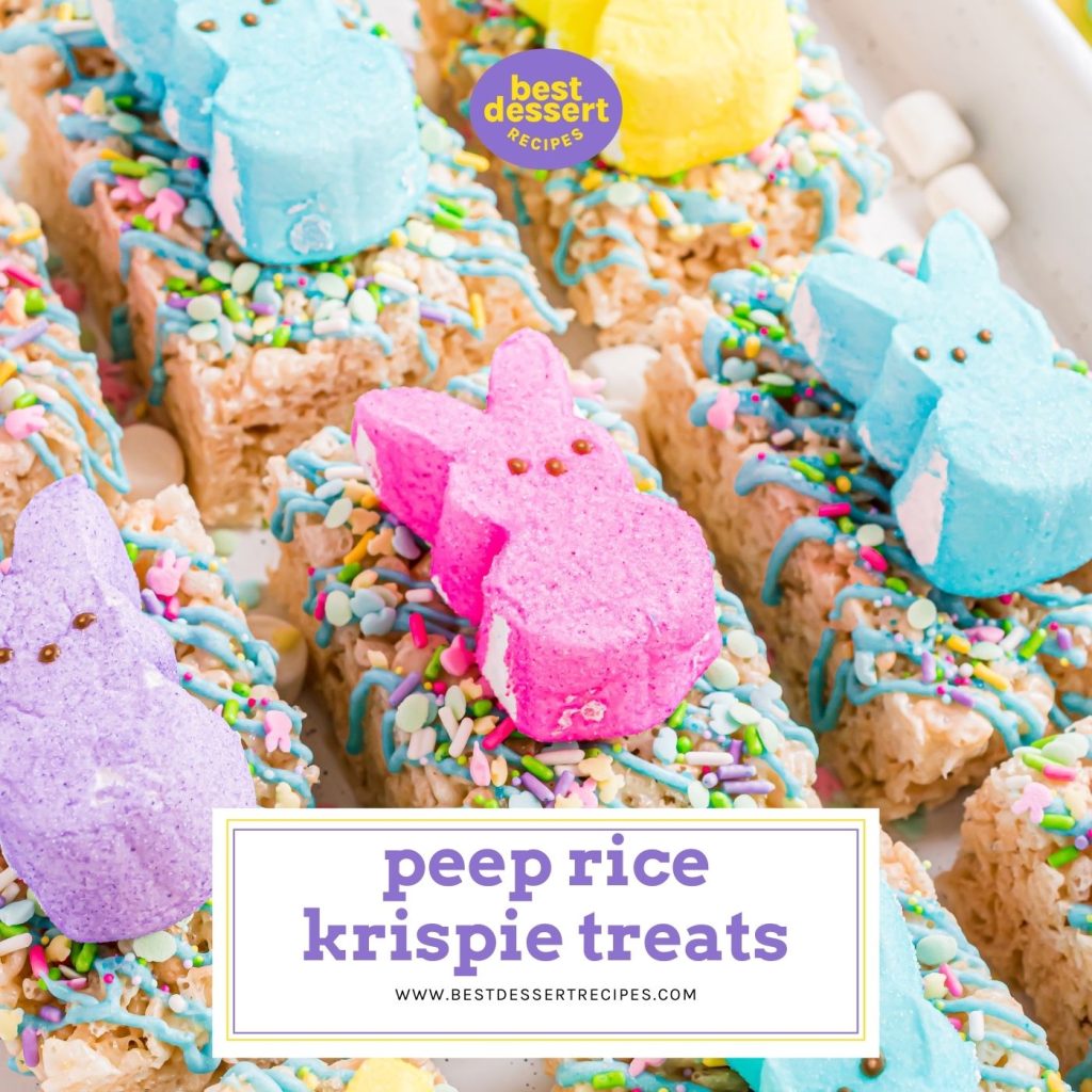 angle of easter rice krispie treats and text overlay