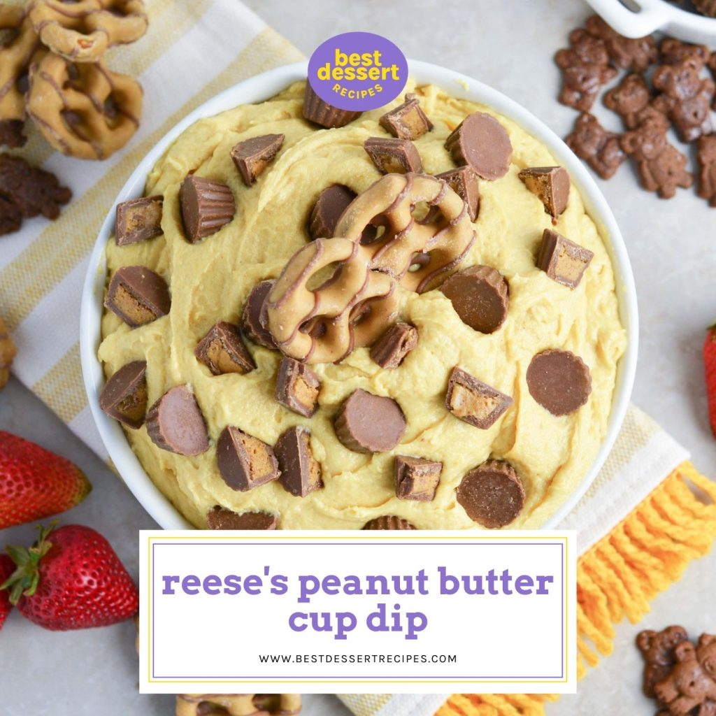 overhead shot of peanut butter cup dip with text overlay for facebook