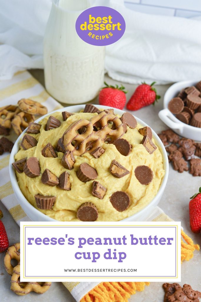 reeses peanut butter cup dip in a white bowl for pinterest