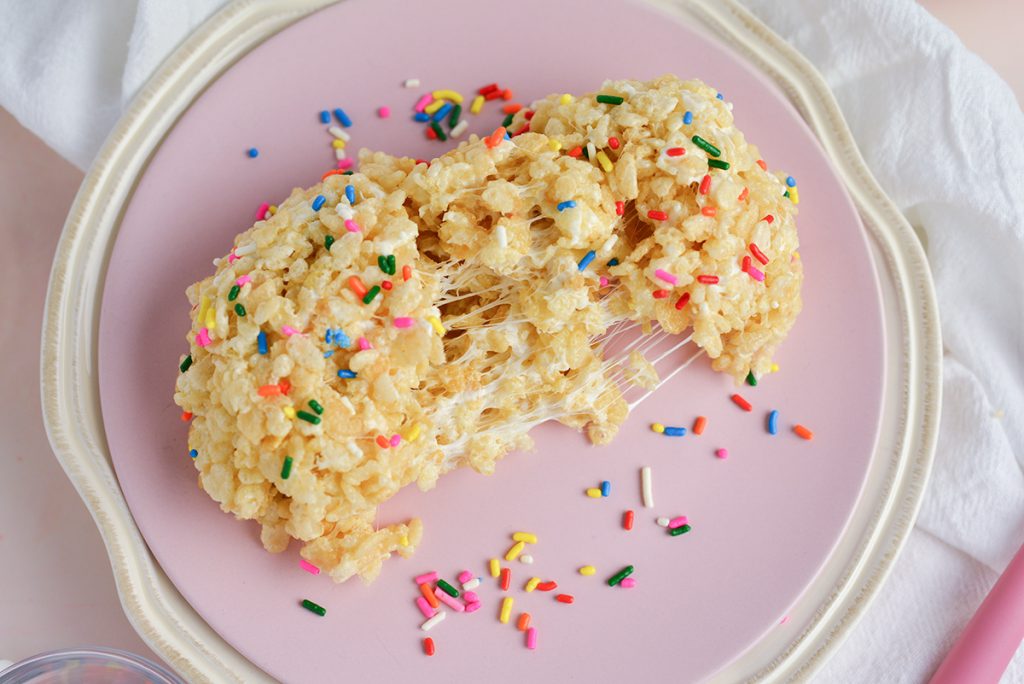 overhead shot of torn apart rice krispie treat with sprinkles