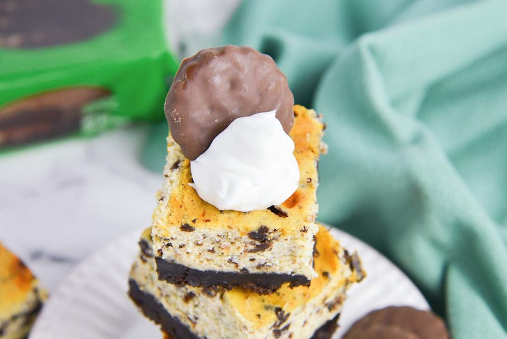 overhead shot of stack of thin mint cheesecake bars