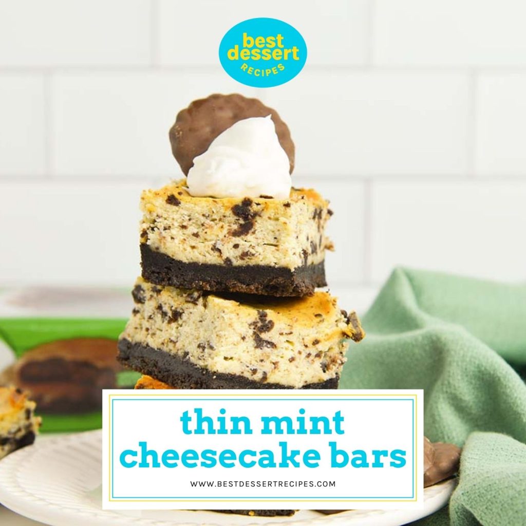 stack of thin mint cheesecake bars with text overlay for facebook