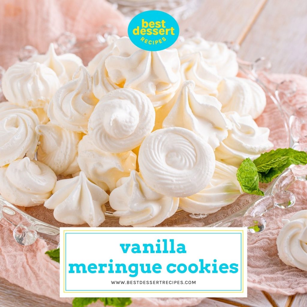 plate of meringue cookies with text overlay for facebook