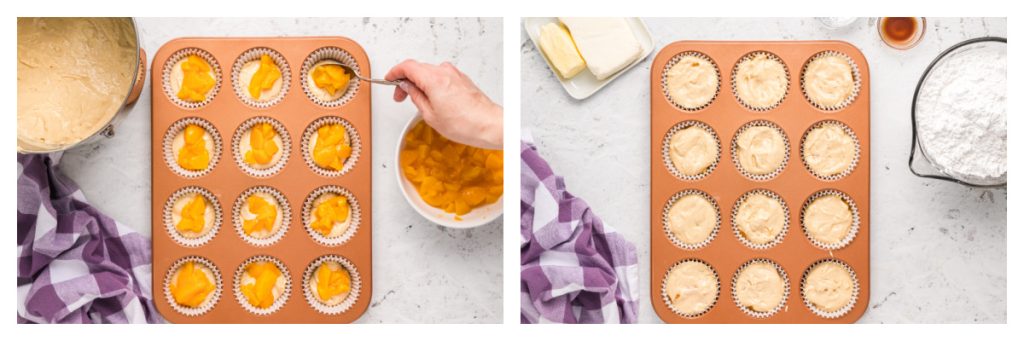 collage of filling peach cobbler cupcakes