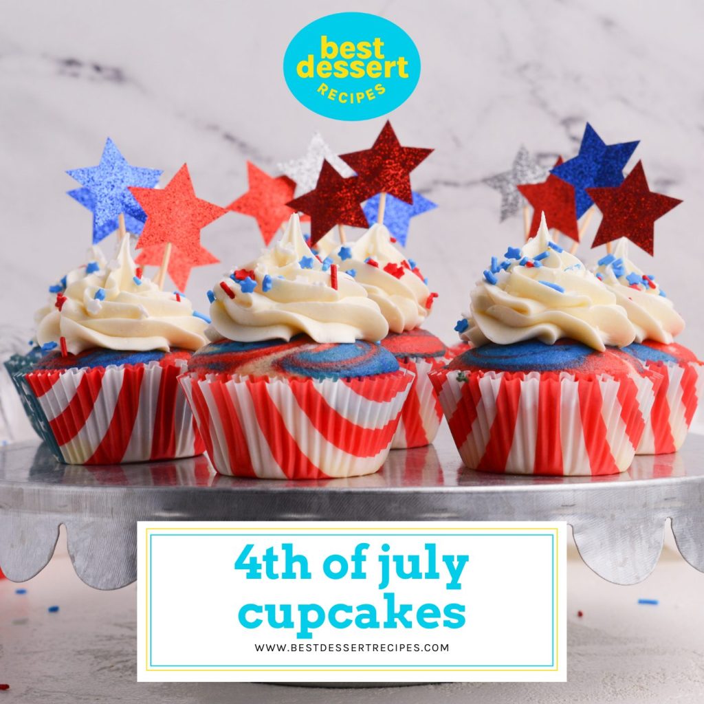 4th of july cupcakes on a tray with text overlay for facebook
