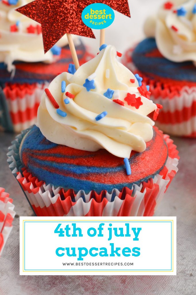 4th of july cupcake with text overlay for pinterest