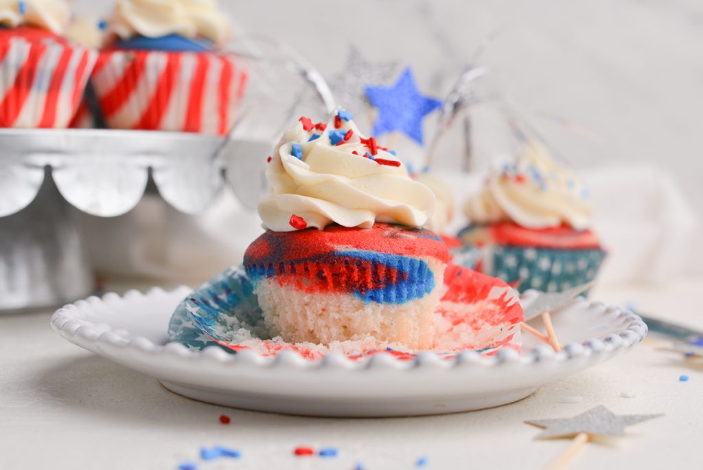 unwrapped 4th of july cupcake on a plate
