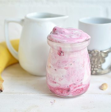 straight on shot of banana split ice cream in a jar