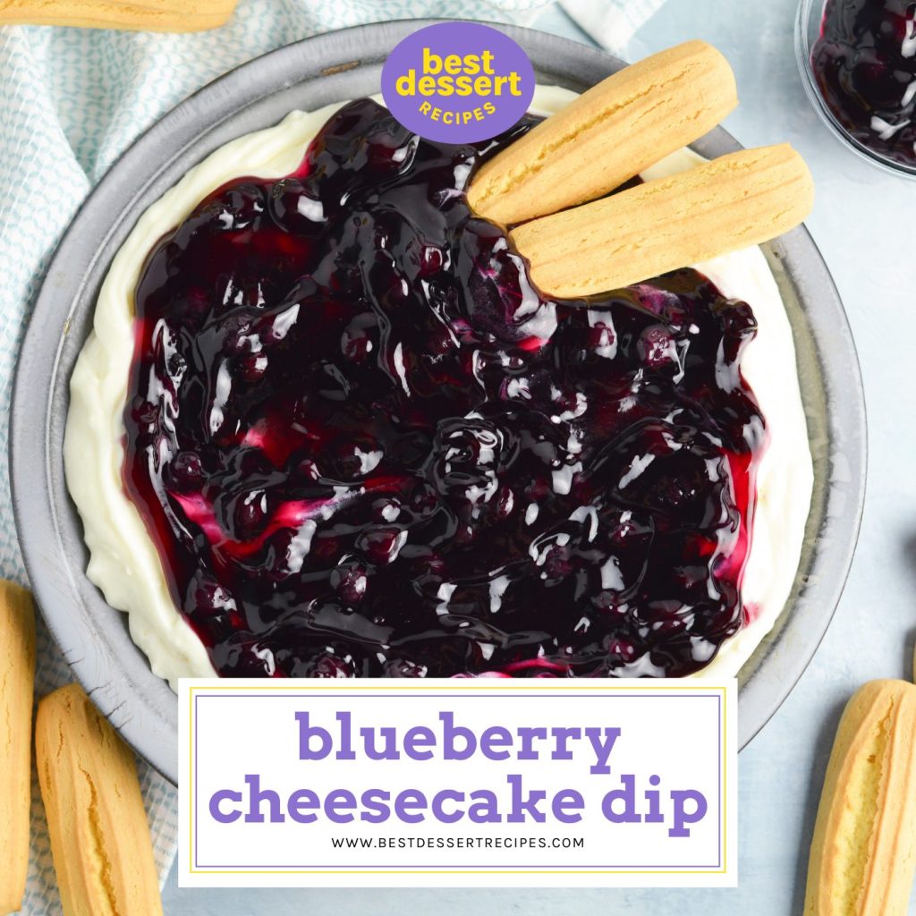 overhead shot of blueberry cheesecake dip with text overlay for facebook