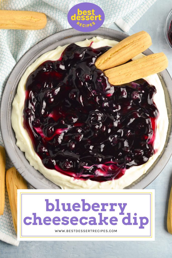 overhead shot of blueberry cheesecake dip with text overlay for pinterest