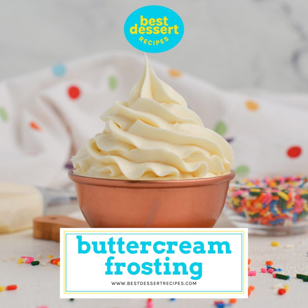 buttercream frosting in a bowl with text overlay for facebook