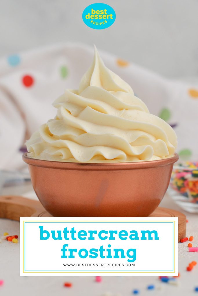 classic buttercream in a bowl with text overlay for pinterest