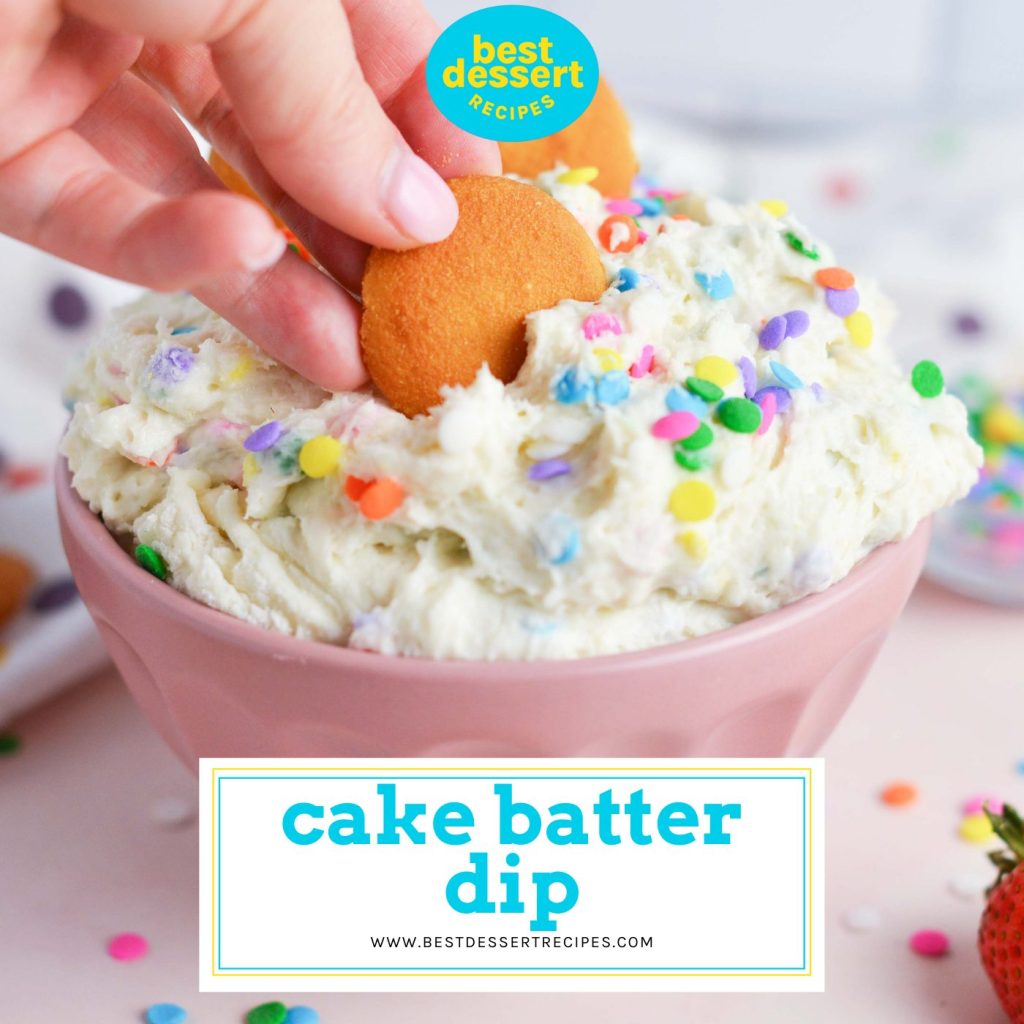 vanilla wafer dipped into cake batter dip with text overlay for facebook