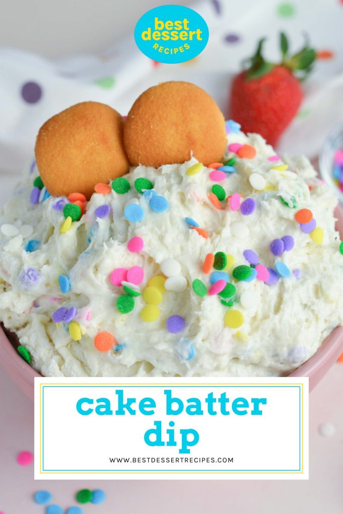 two vanilla wafers in cake batter dip with text overlay for pinterest