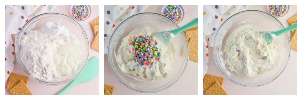 collage of how to make cake batter dip