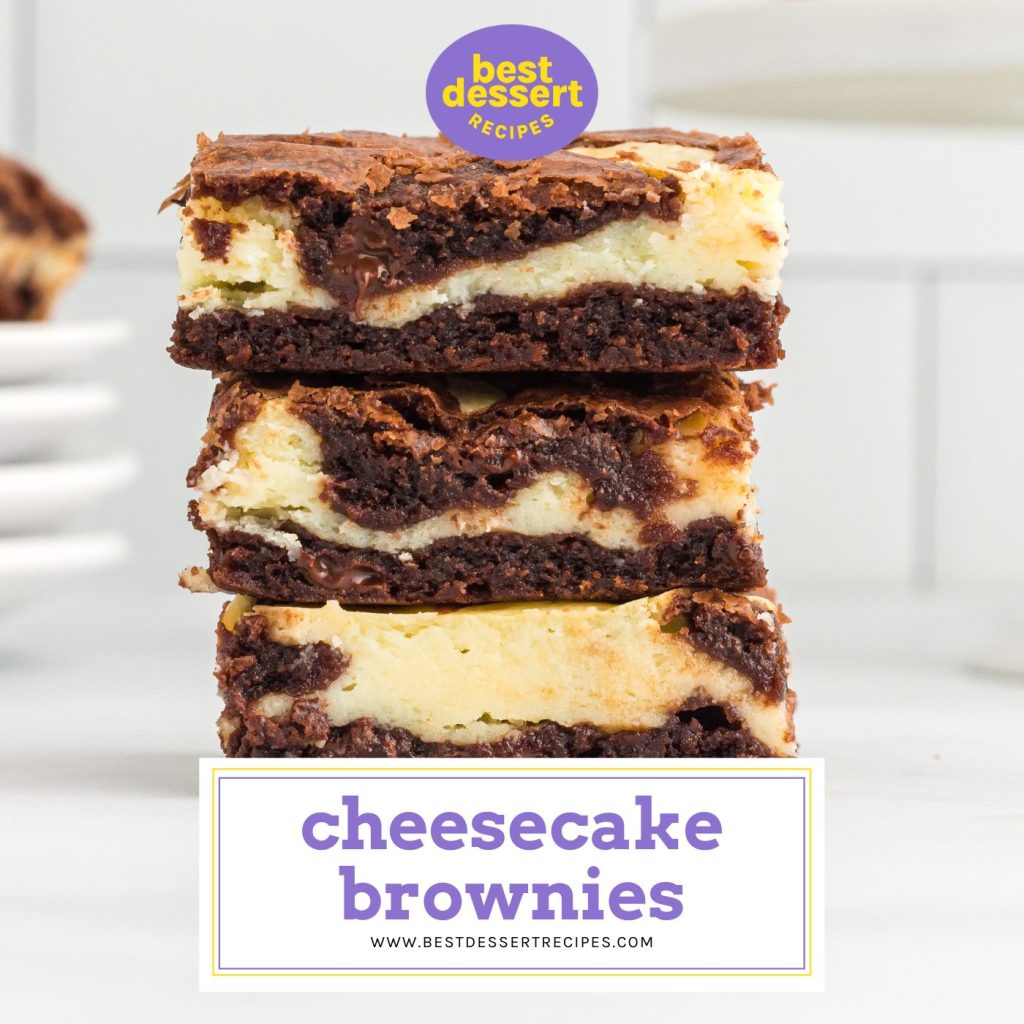 stack of cheesecake brownies with text overlay for facebook
