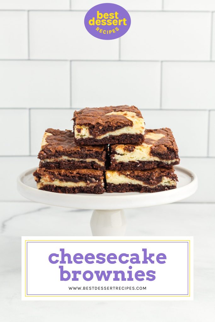 cheesecake brownies on a tray with text overlap for pinterest