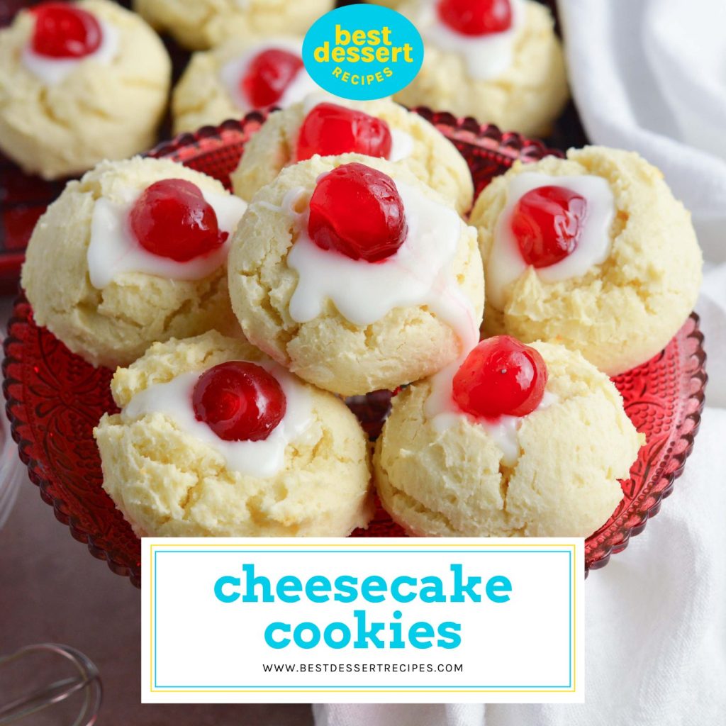 cheesecake cookies with text overlay for facebook