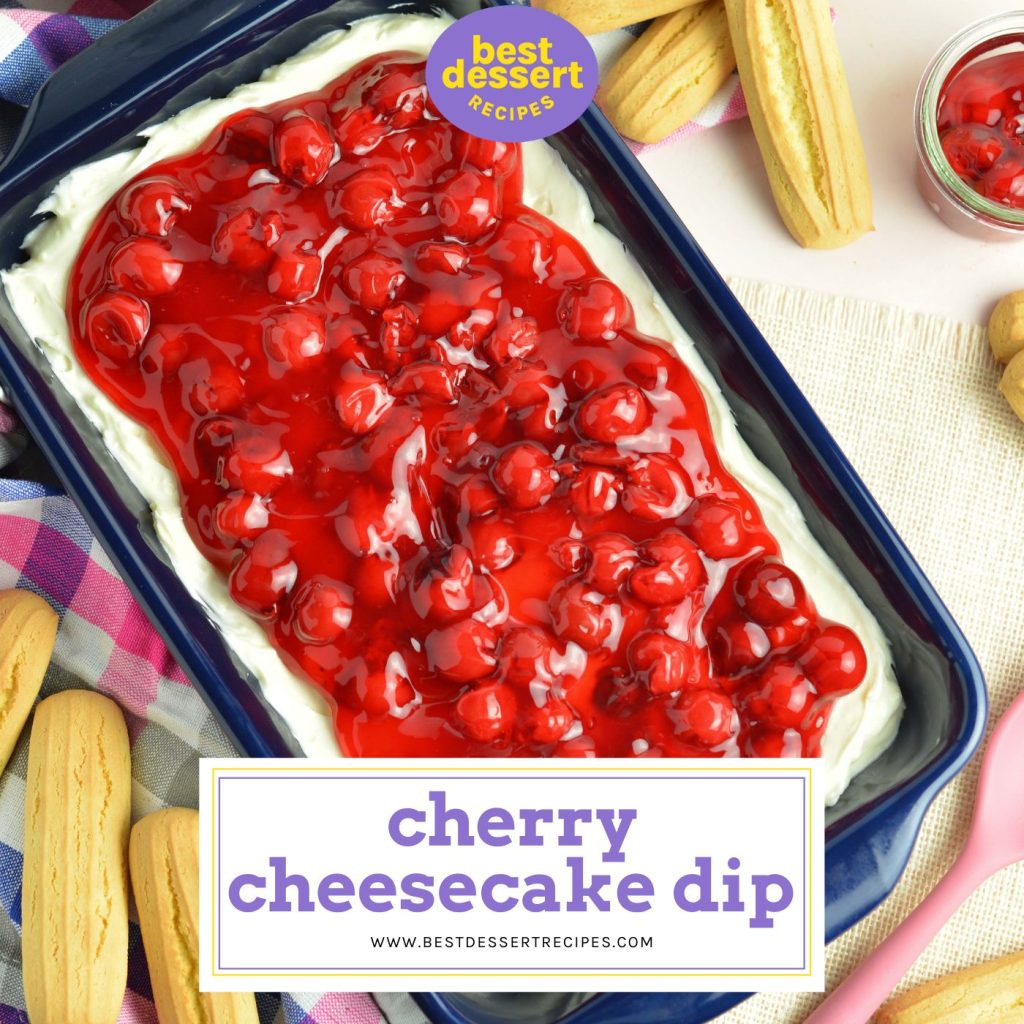 cherry cheesecake dip with text overlay