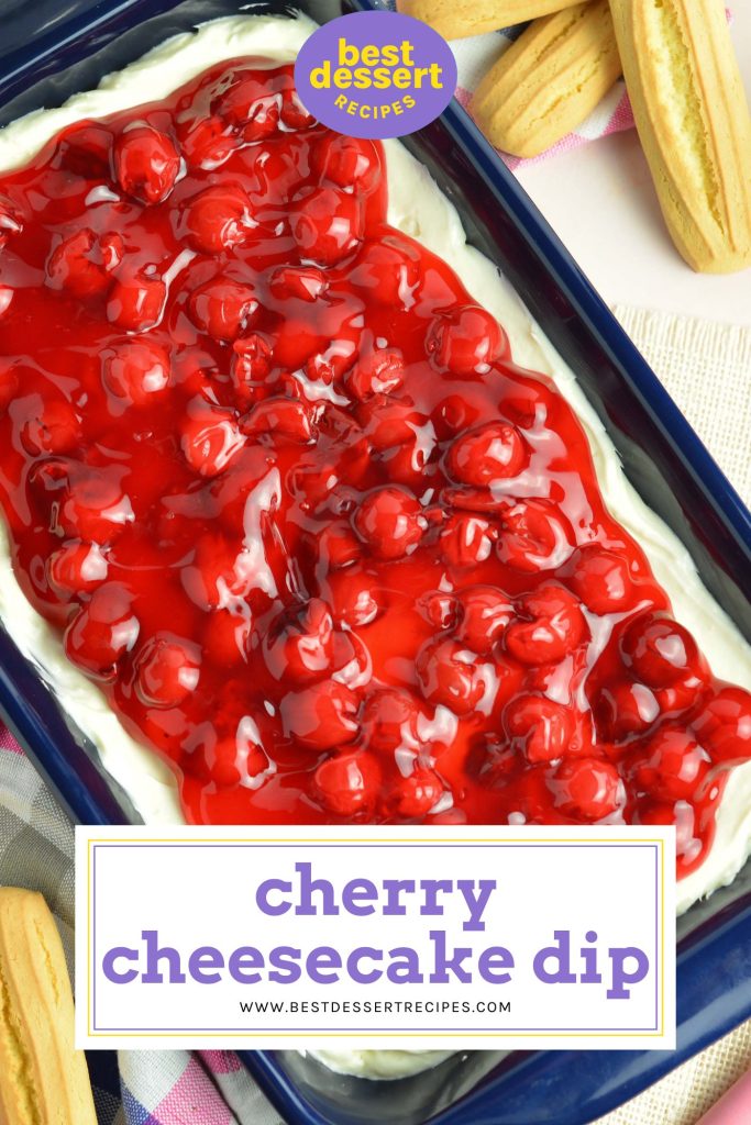 close up of cherry cheesecake dip recipe for pinterest